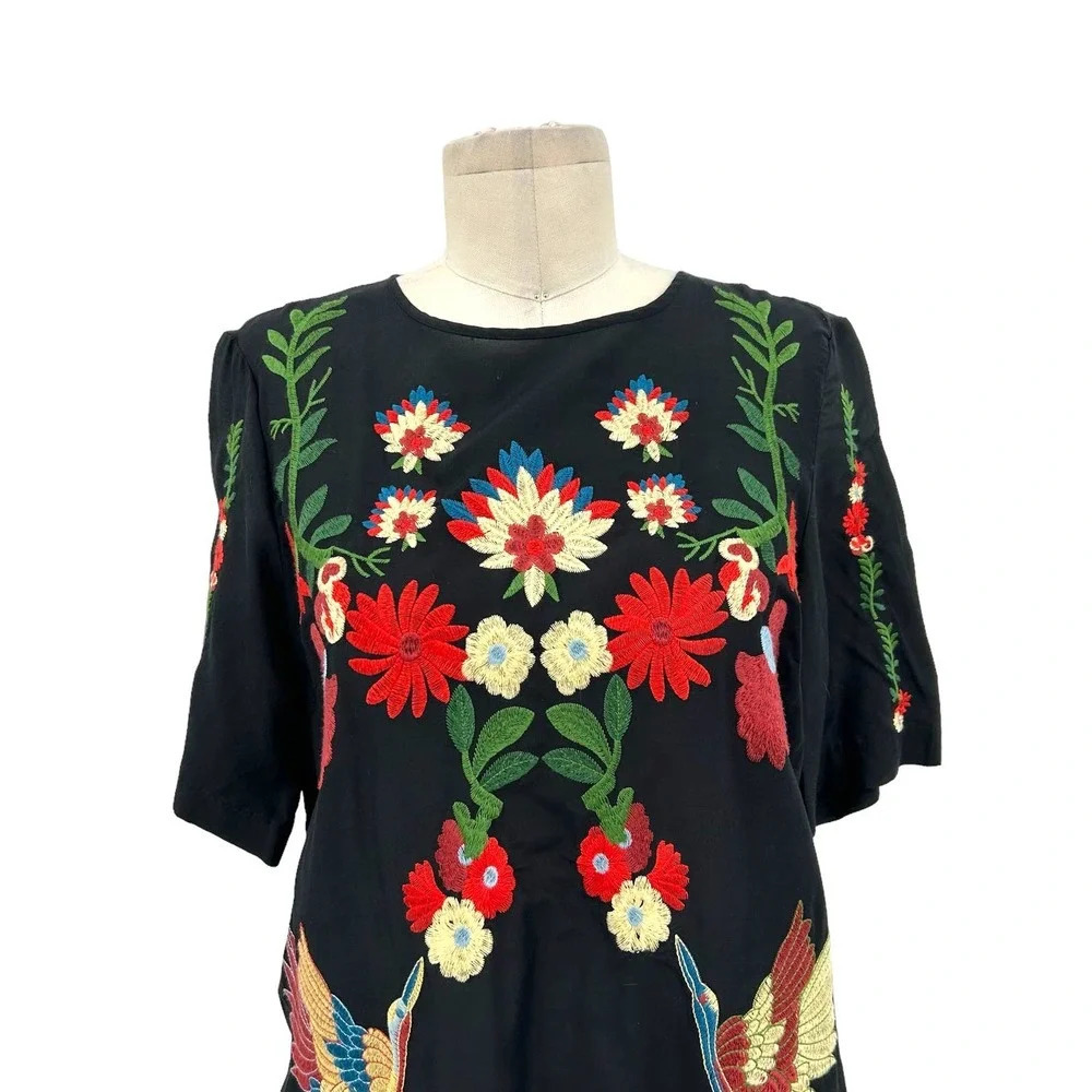 Zara Embroidered Floral Crane Bird Short Black Dress Size XS - Picture 3 of 8